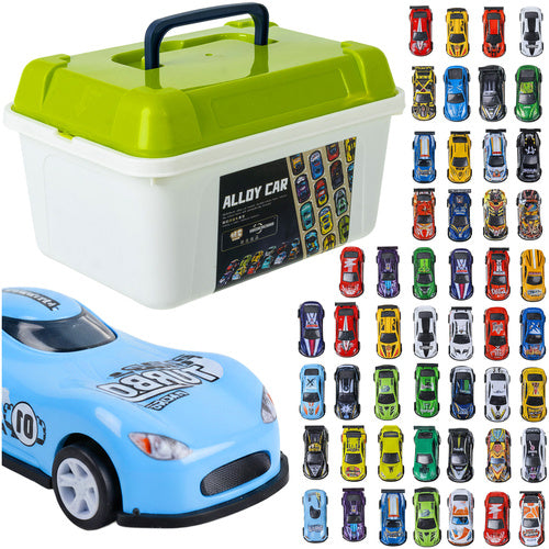 50 Pull-Back Toy Cars with Suitcase – No Batteries Needed