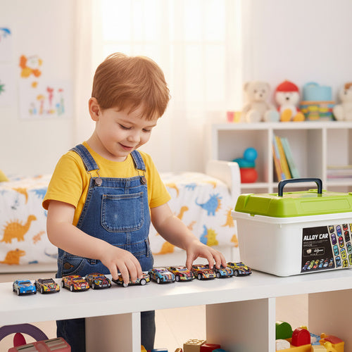 50 Pull-Back Toy Cars with Suitcase – No Batteries Needed