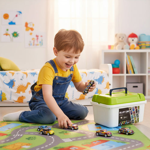 50 Pull-Back Toy Cars with Suitcase – No Batteries Needed