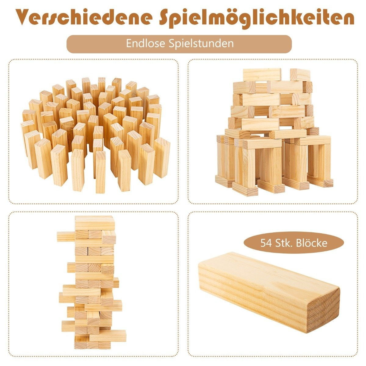 54 blocks made of pine wood Darn tower game building blocks game 5 x 3.3 x 15.2 cm natural