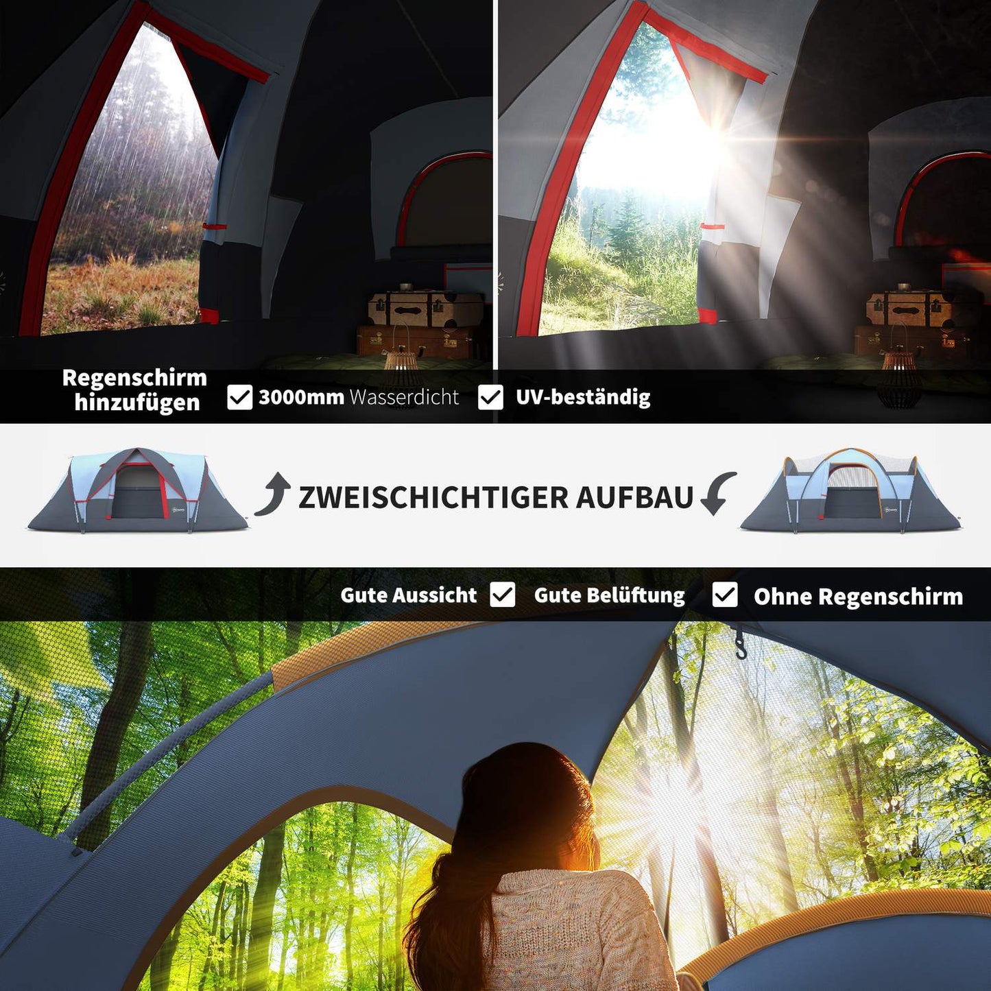 5-6 person gray camping tunnel tent with poles - polyester