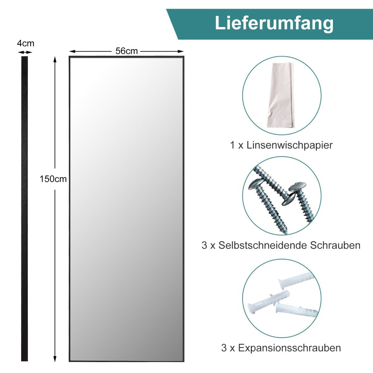 56 x 150 cm HD full-length mirror for hanging or leaning wall mirror black