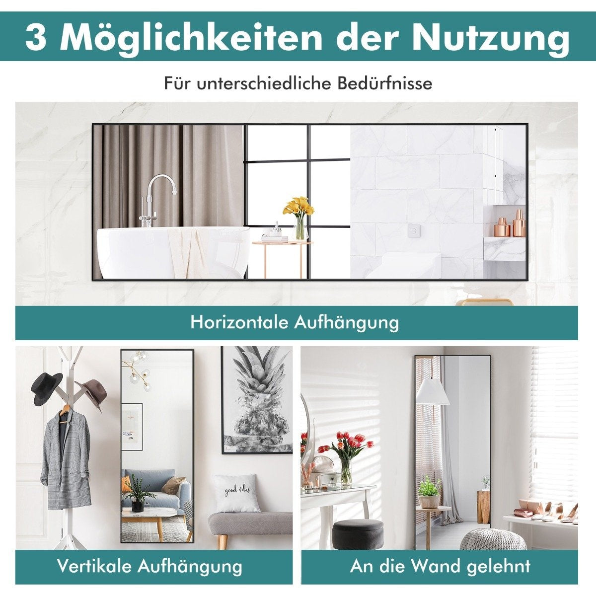 56 x 150 cm HD full-length mirror for hanging or leaning wall mirror black