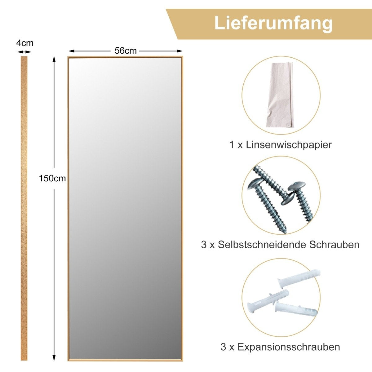 56 x 150 cm HD full-length mirror for hanging or leaning wall mirror gold