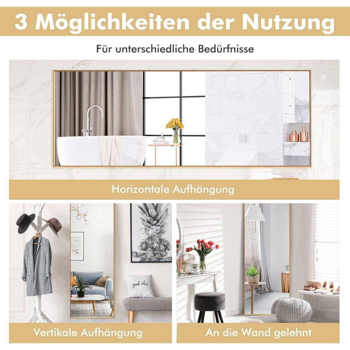 56 x 150 cm HD full-length mirror for hanging or leaning wall mirror gold