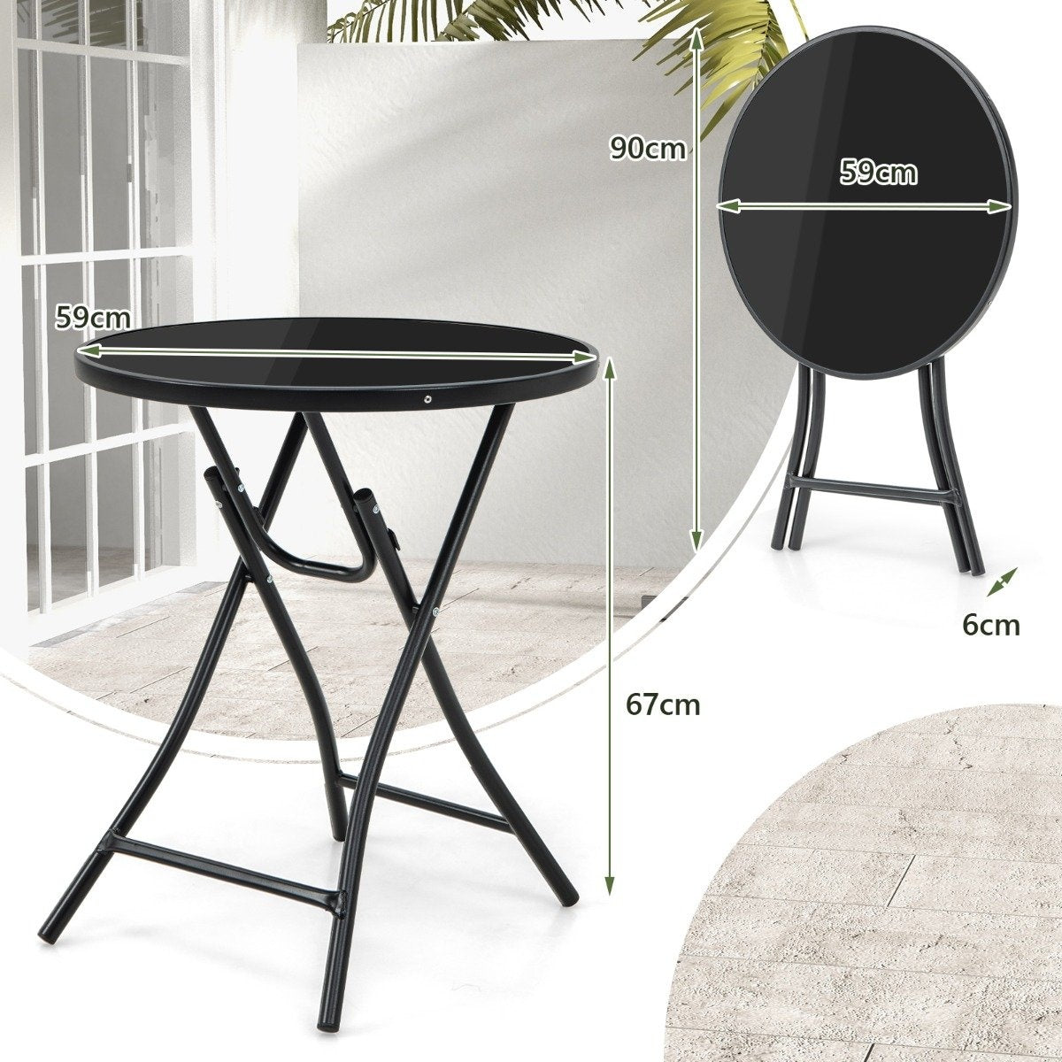 Ø 59 cm round bistro table with table top made of tempered glass and robust metal frame