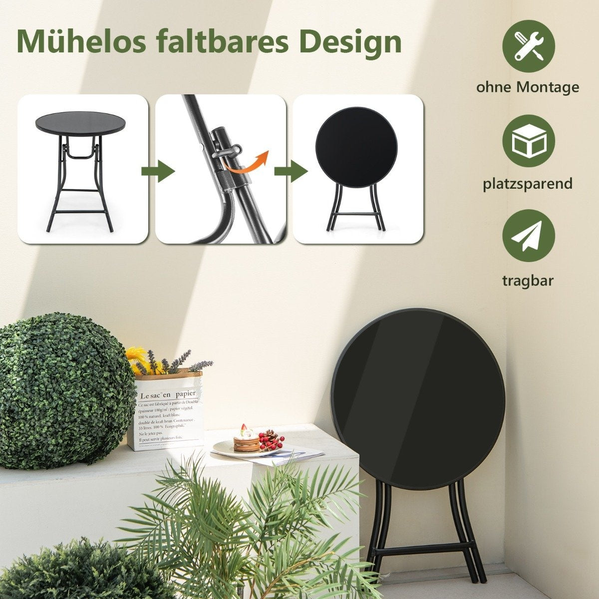 Ø 59 cm round bistro table with table top made of tempered glass and robust metal frame