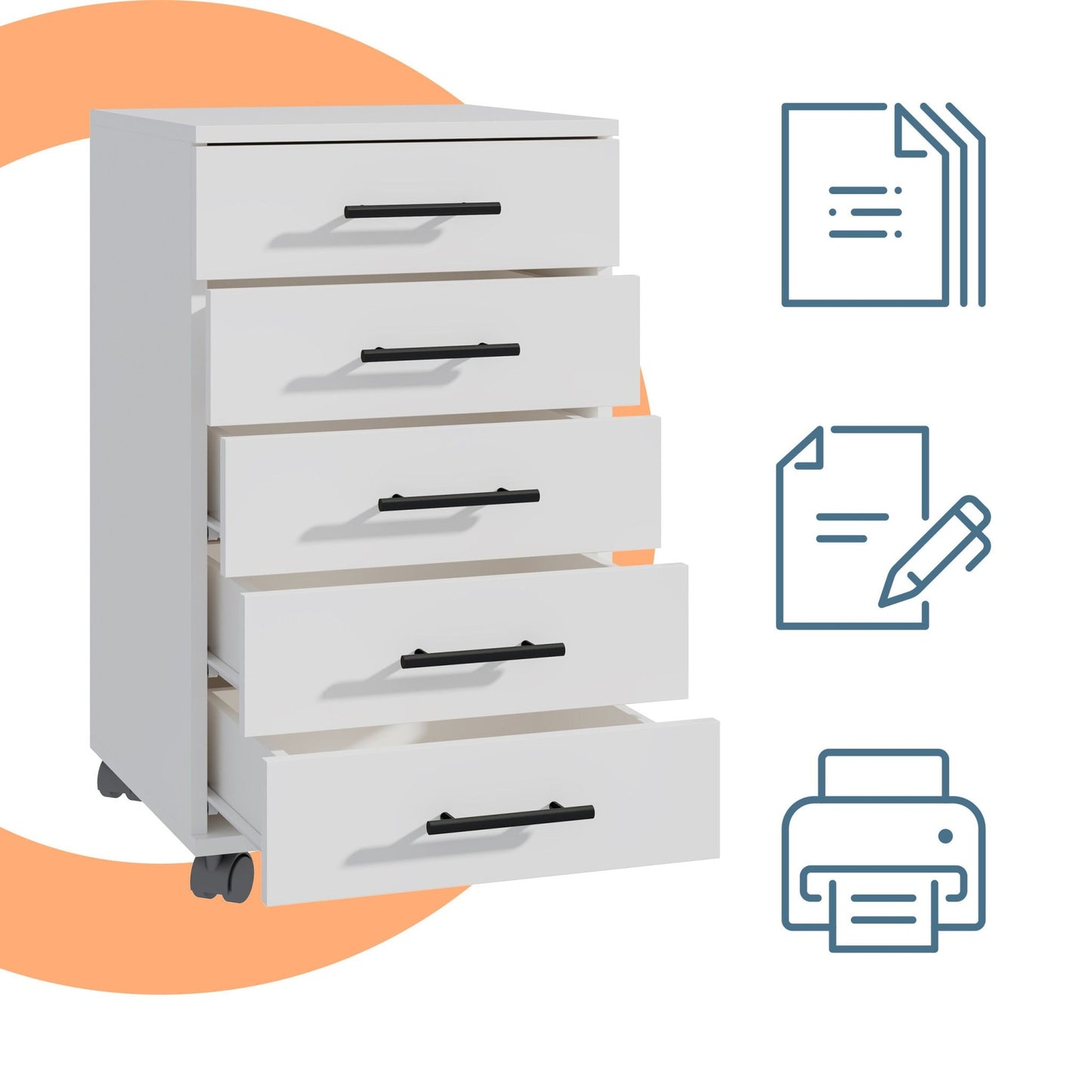 5-Drawer Rolling Office Cabinet with Wheels