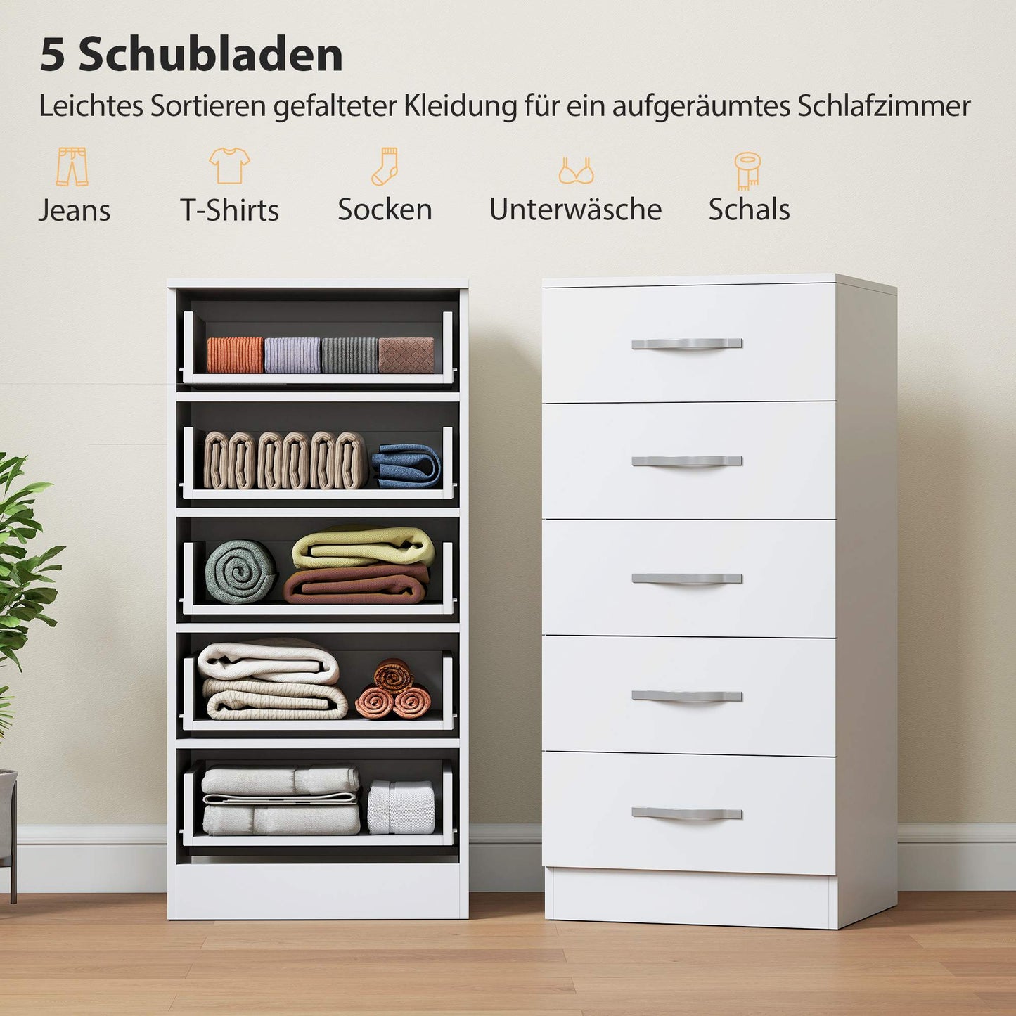 5-Drawer White Dresser, Chipboard, Space-Saving Design