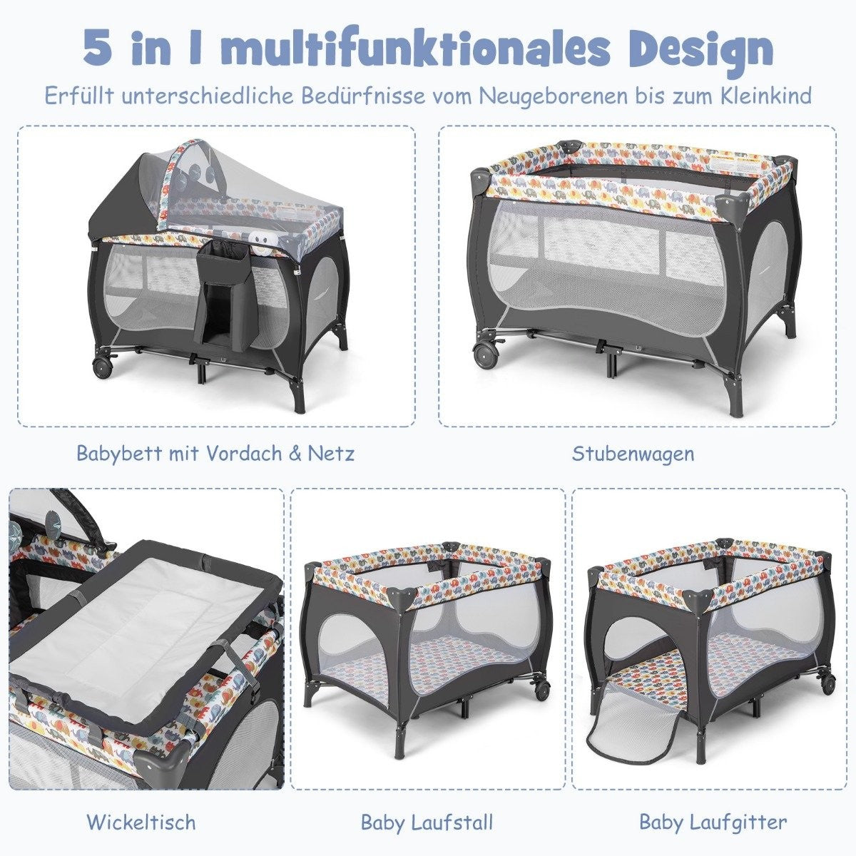 5 IN 1 Baby Bed Portable Side Bed Travel Bed with Foldable Mattress 102 cm x 72 cm x 74 cm Colorful