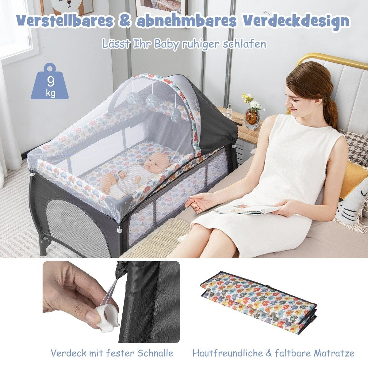 5 IN 1 Baby Bed Portable Side Bed Travel Bed with Foldable Mattress 102 cm x 72 cm x 74 cm Colorful