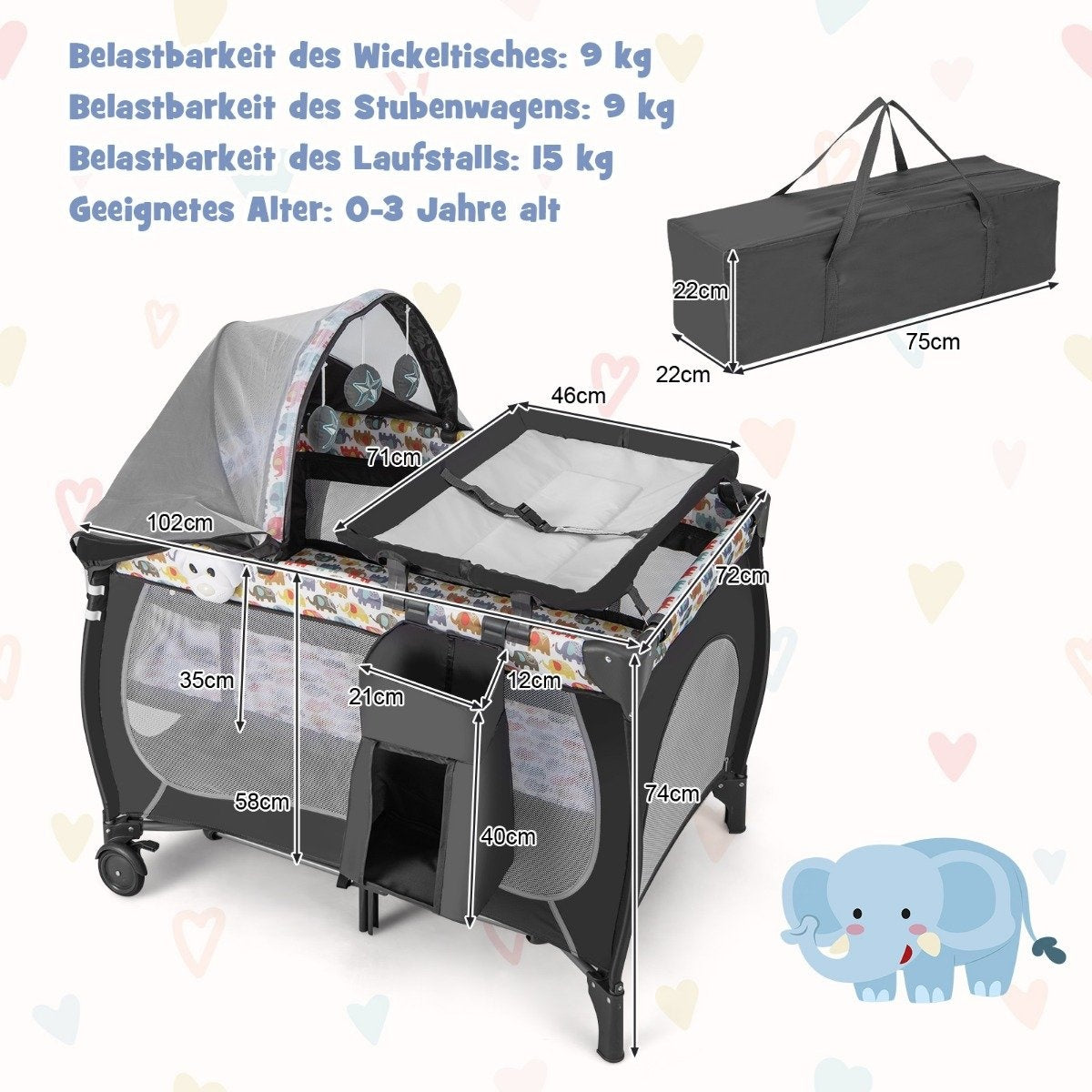 5 IN 1 Baby Bed Portable Side Bed Travel Bed with Foldable Mattress 102 cm x 72 cm x 74 cm Colorful