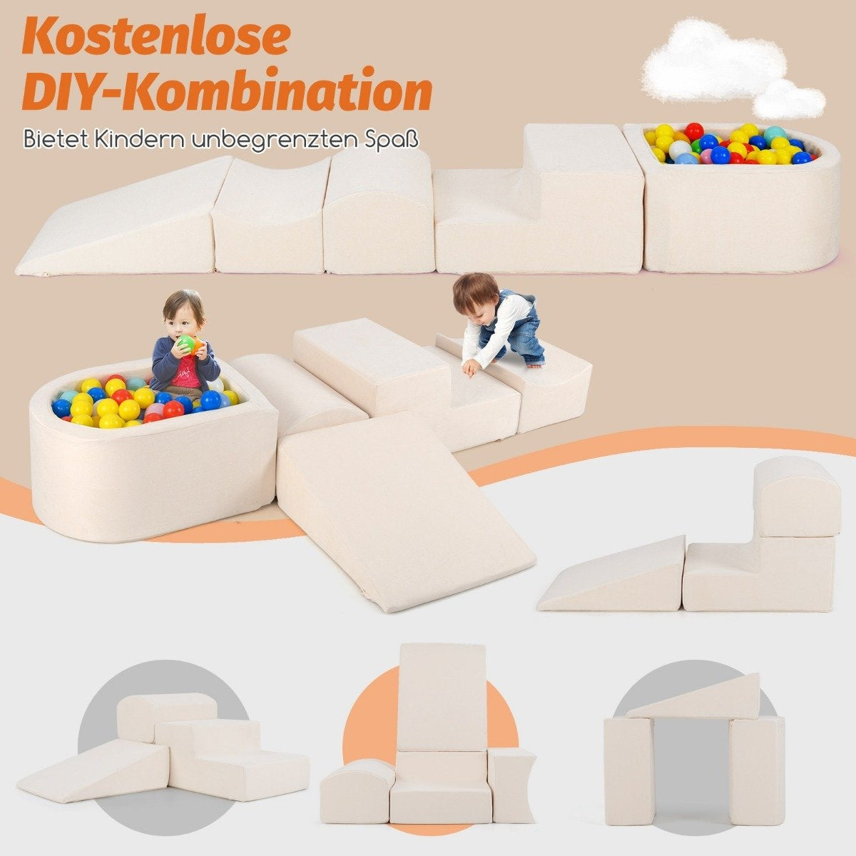 5 PCS. Foam building blocks, giant building blocks with ball pit, large building blocks for running around, beige