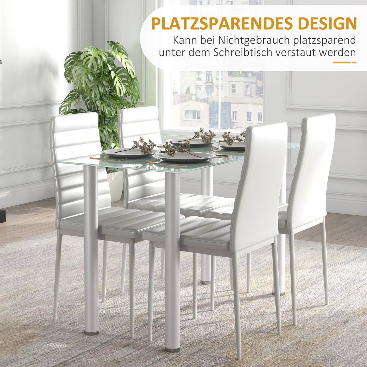 5-piece dining room set, glass table & 4 steel chairs, black