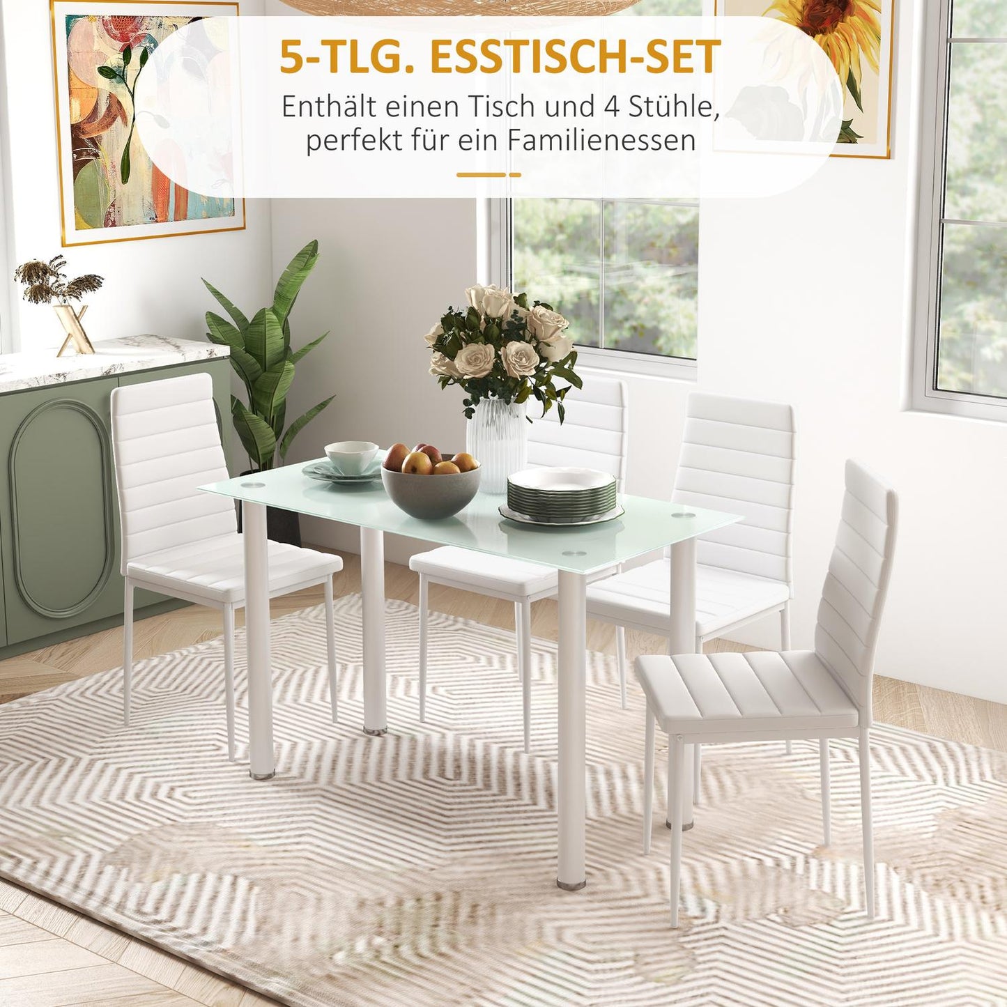 5-piece dining room set, glass table & 4 steel chairs, black