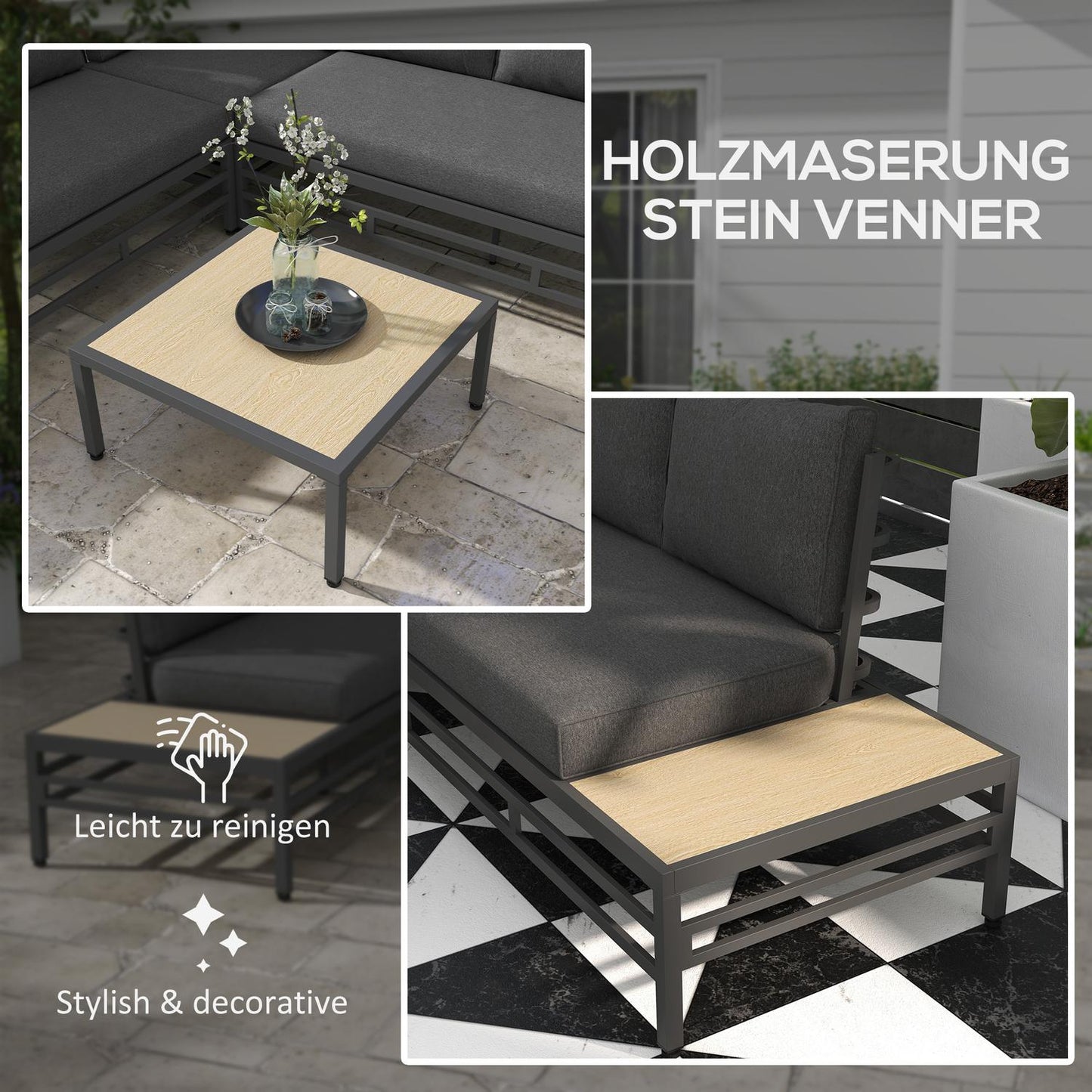 Gray 5-piece garden lounge set, sofa and table with cushions