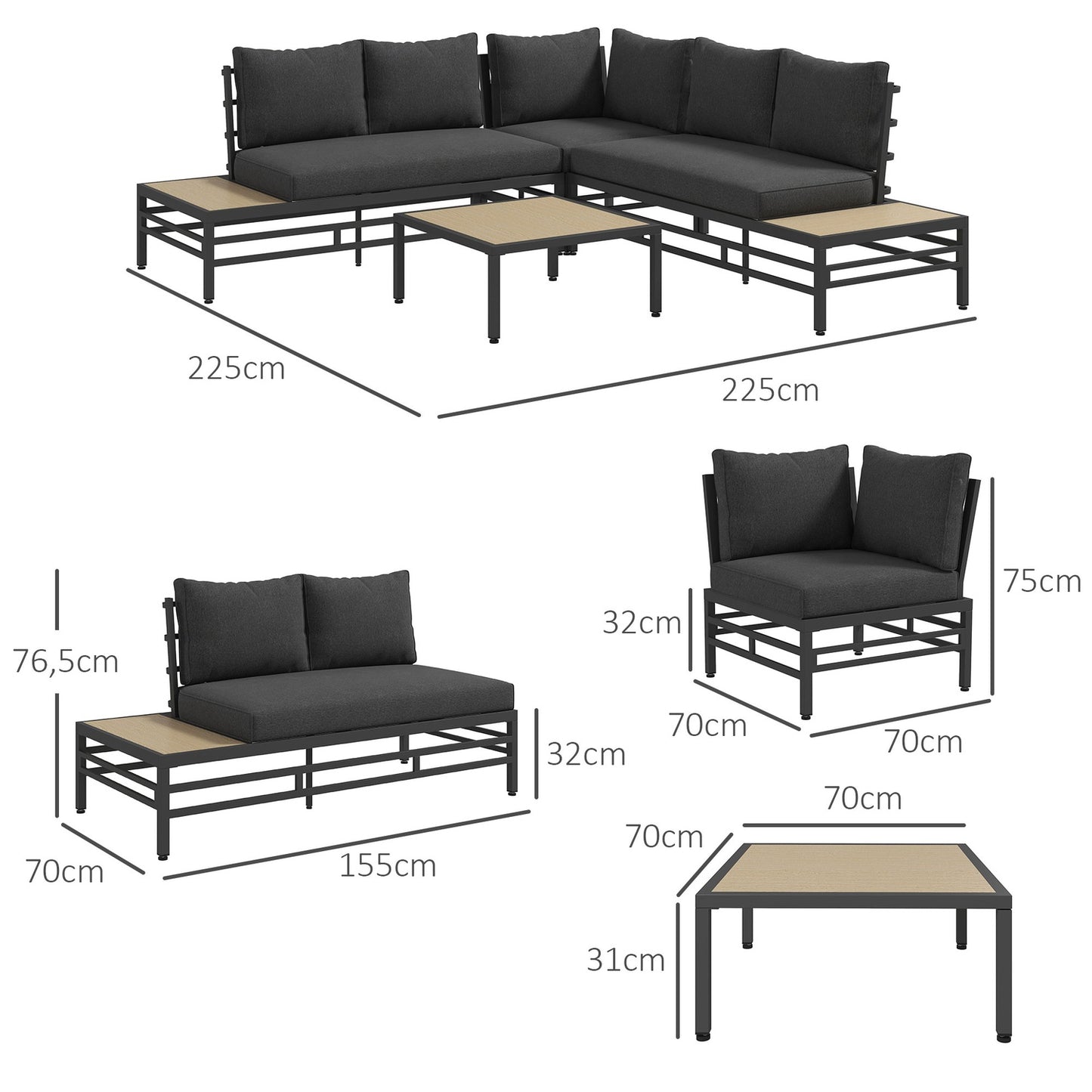 Gray 5-piece garden lounge set, sofa and table with cushions