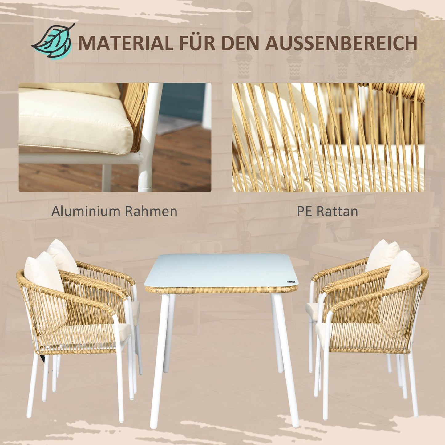 Rattan garden dining set, 5 pcs, glass table & cushions