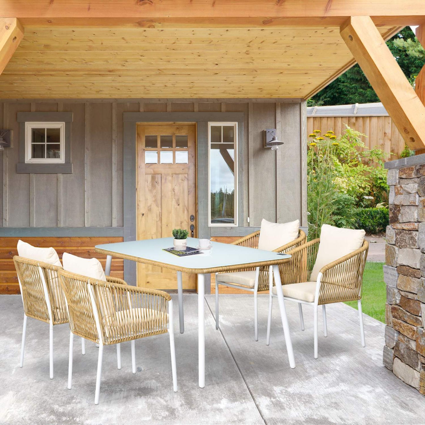 Rattan garden dining set, 5 pcs, glass table & cushions
