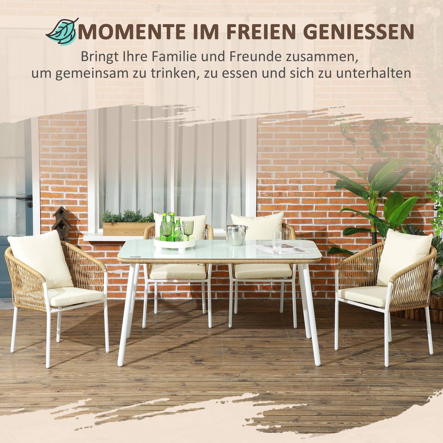 Rattan garden dining set, 5 pcs, glass table & cushions