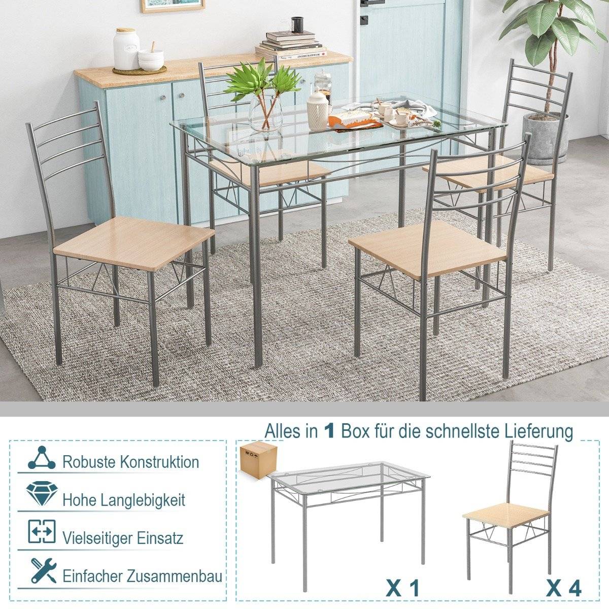 5 Piece Dining Room Set Rectangular Glass Dining Table with 4 Chairs & Rustproof Metal Frame