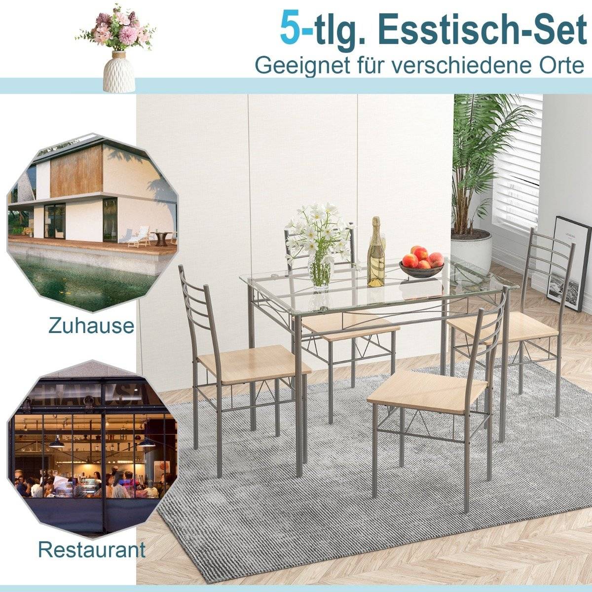 5 Piece Dining Room Set Rectangular Glass Dining Table with 4 Chairs & Rustproof Metal Frame