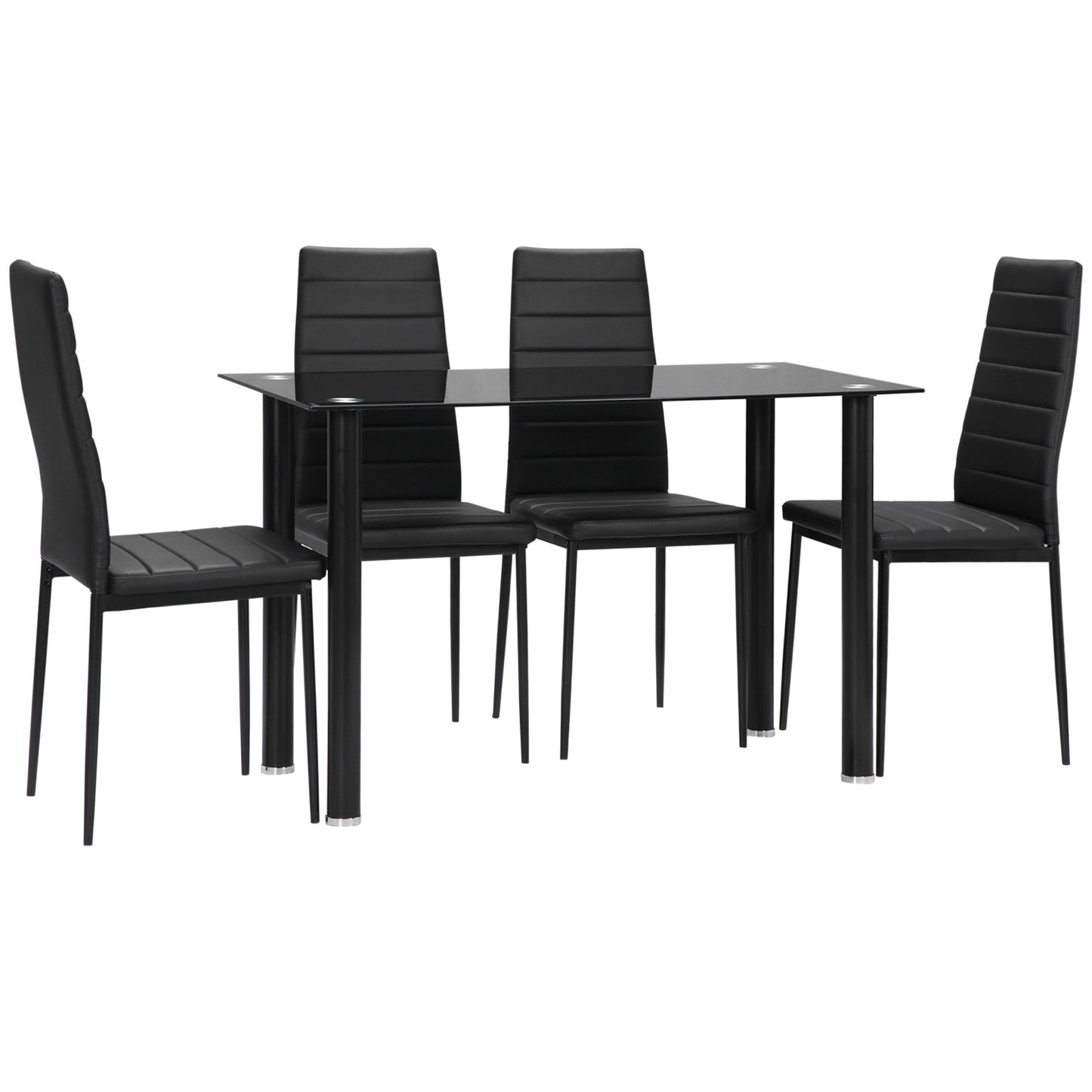 Tempered glass 5-piece dining room set, table and black chairs