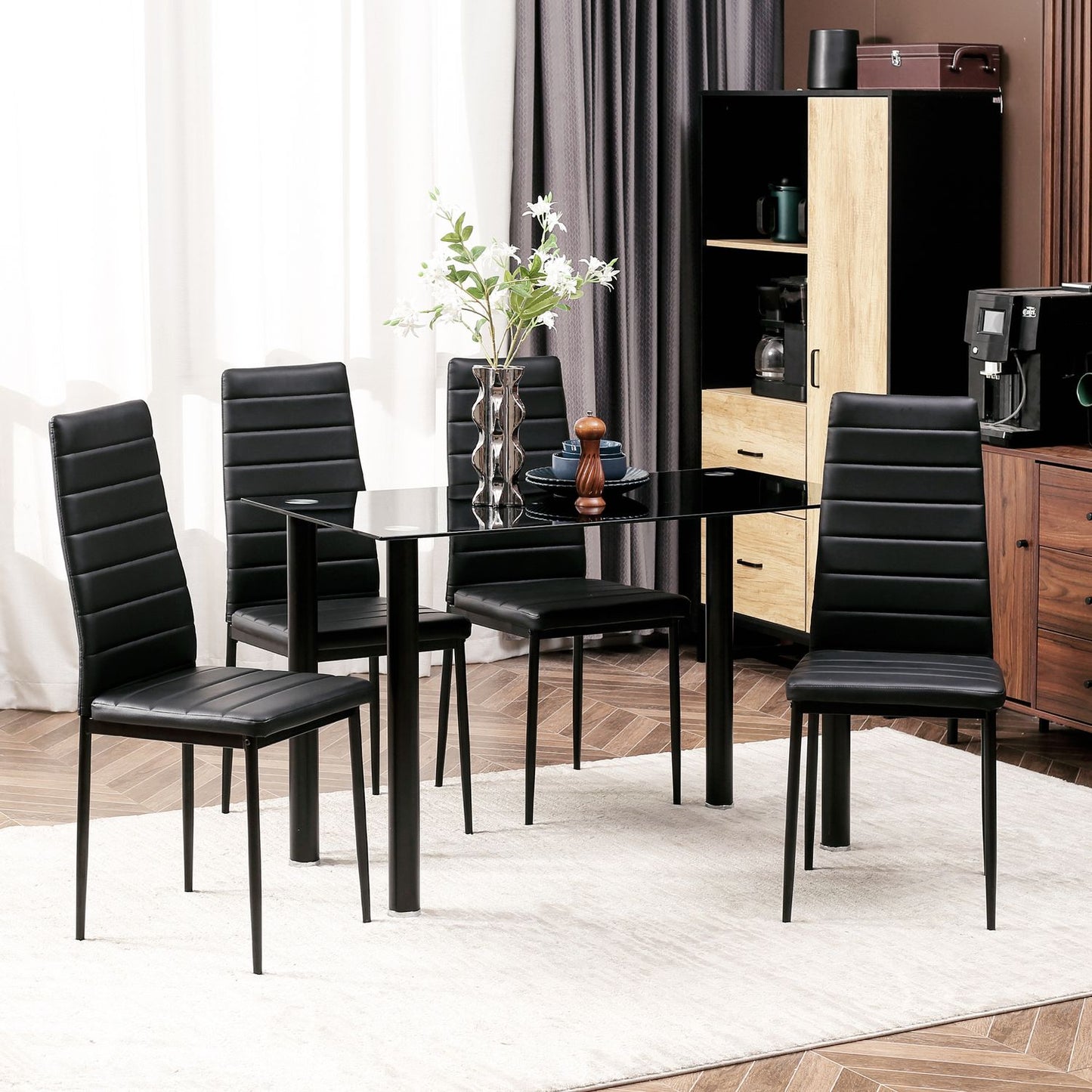 Tempered glass 5-piece dining room set, table and black chairs