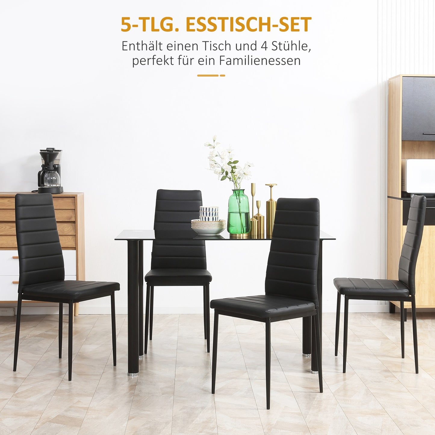 Tempered glass 5-piece dining room set, table and black chairs