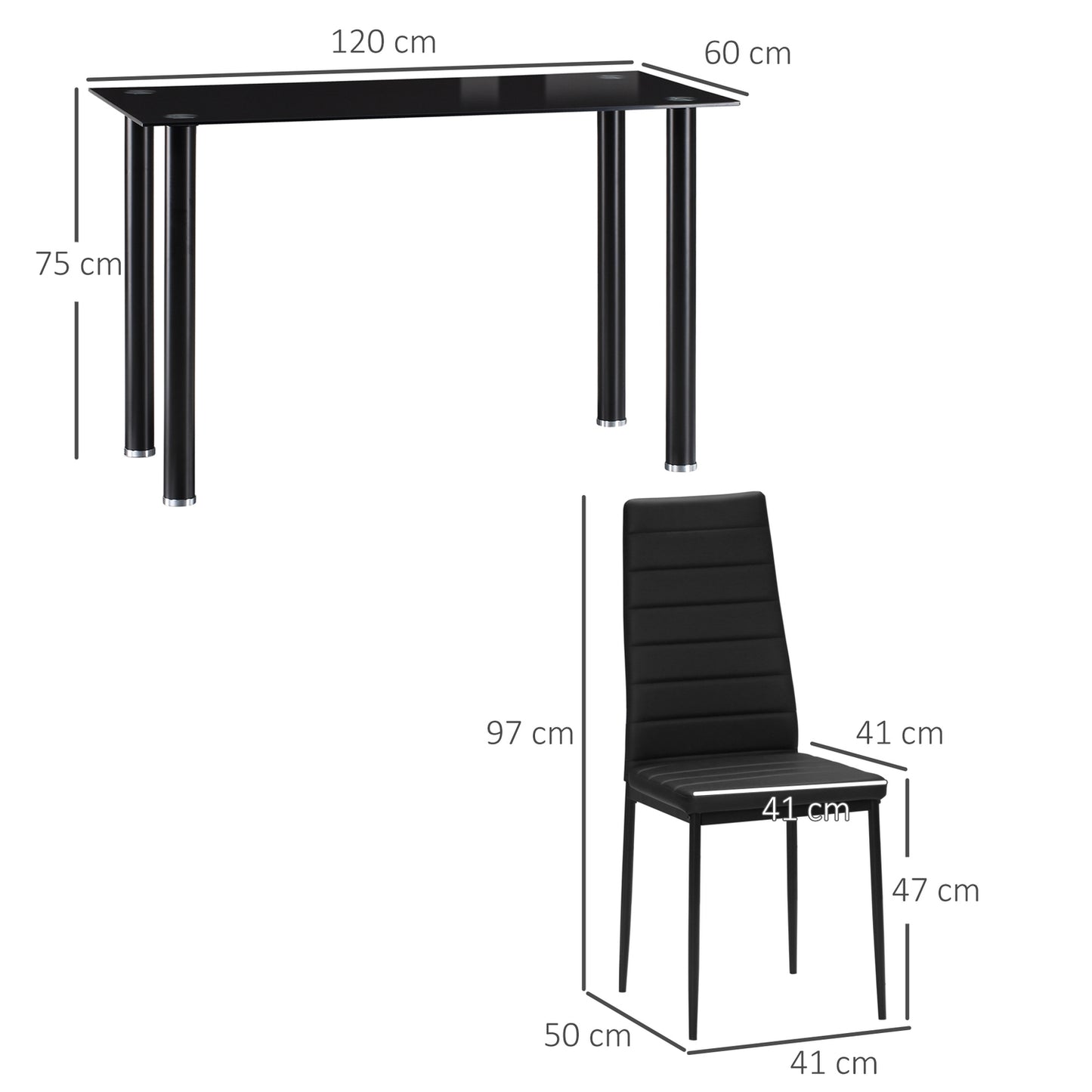 Tempered glass 5-piece dining room set, table and black chairs