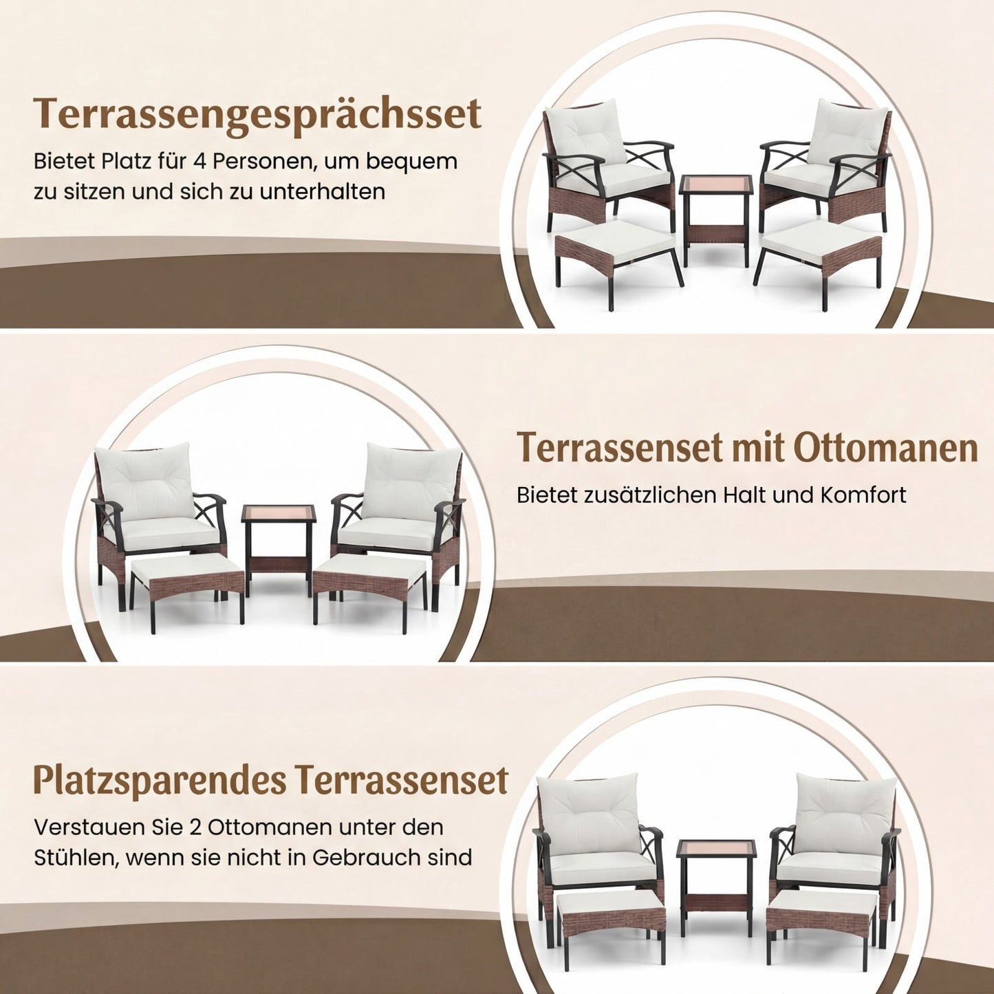 5-Piece Outdoor Rattan Patio Set with Ottomans, Beige