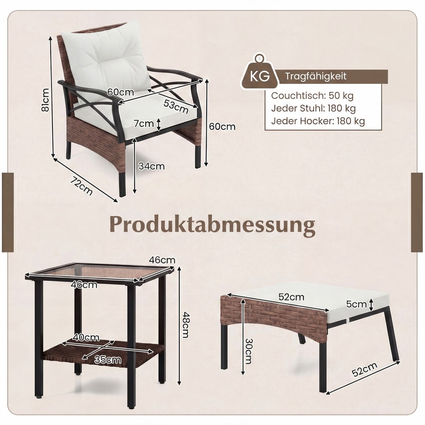 5-Piece Outdoor Rattan Patio Set with Ottomans, Beige