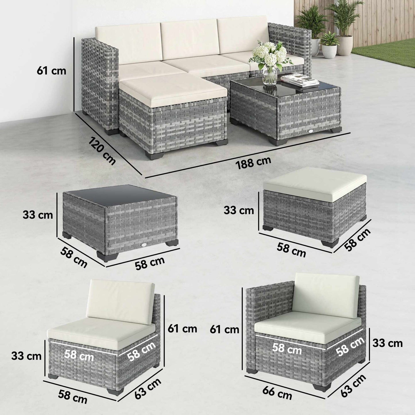 5-Piece Patio Furniture Set, Steel Frame, PE Rattan
