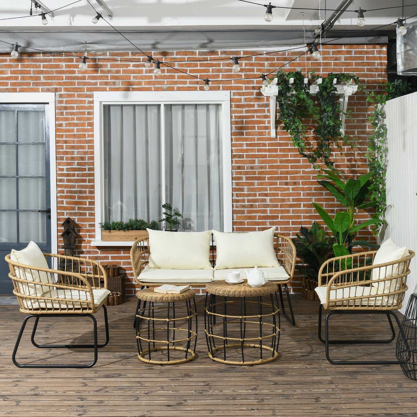 Garden furniture in rattan, cushioned, 5-piece beige