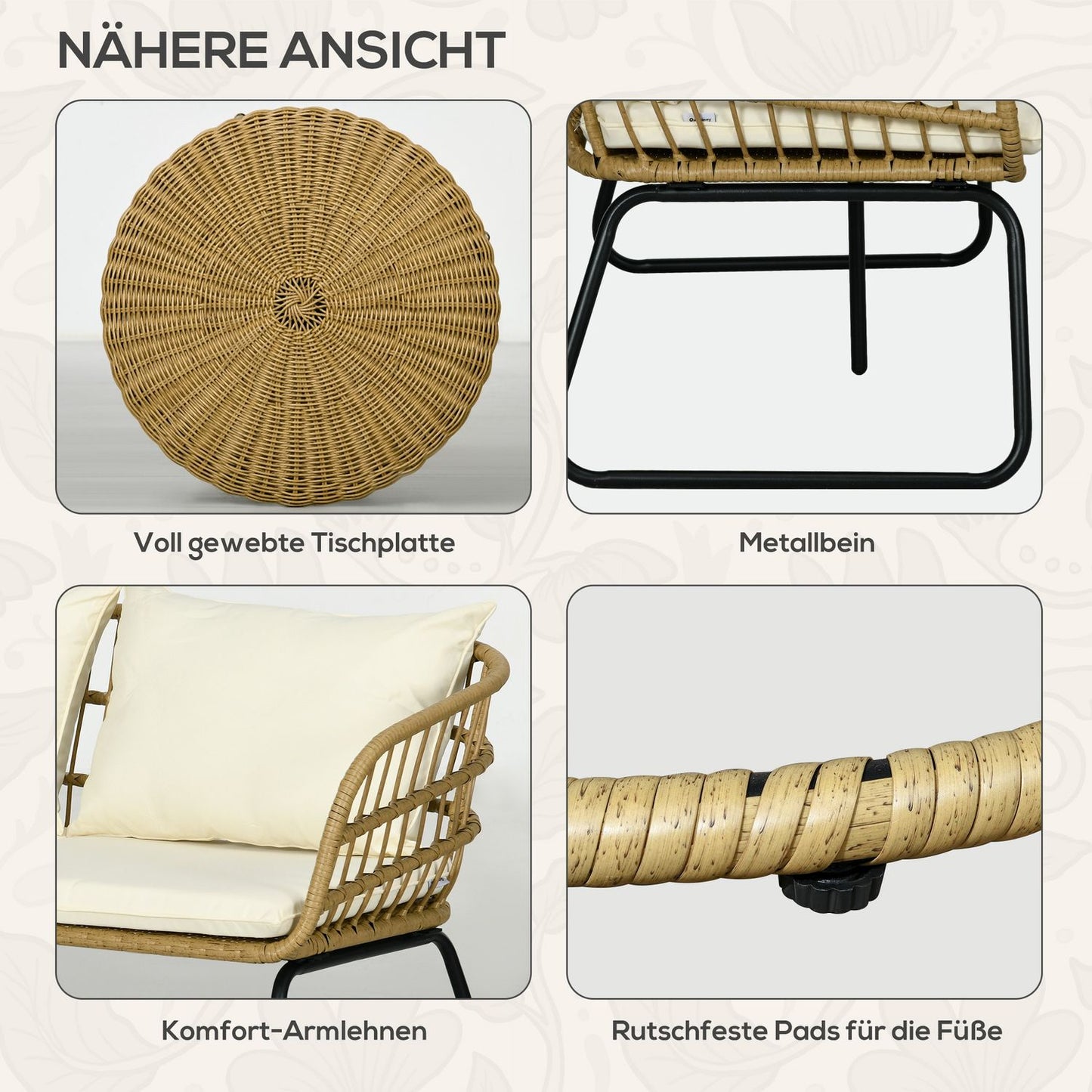 Garden furniture in rattan, cushioned, 5-piece beige