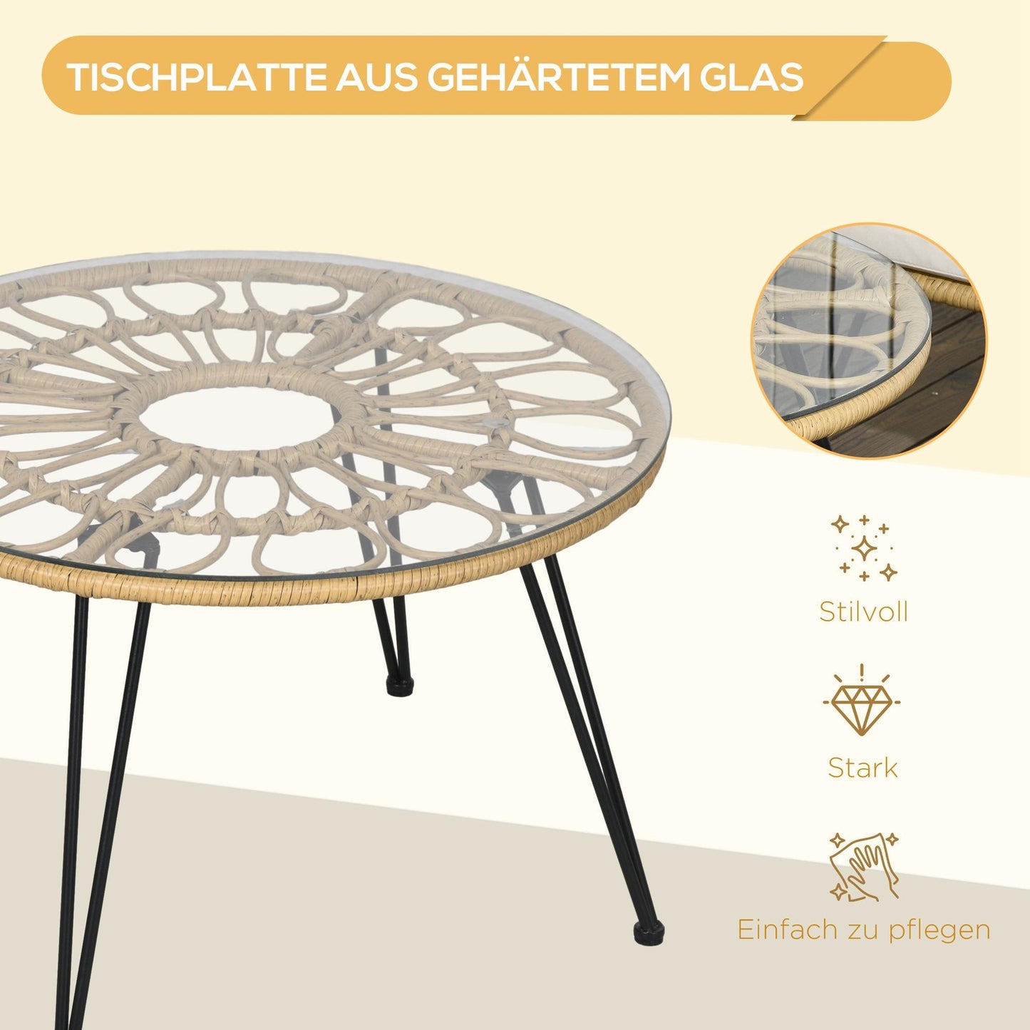 Rattan garden furniture, 5 pieces - beige polyester