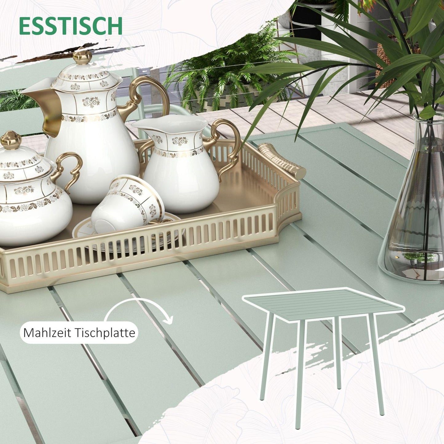 Outdoor dining set - 5-piece steel table and chairs, green