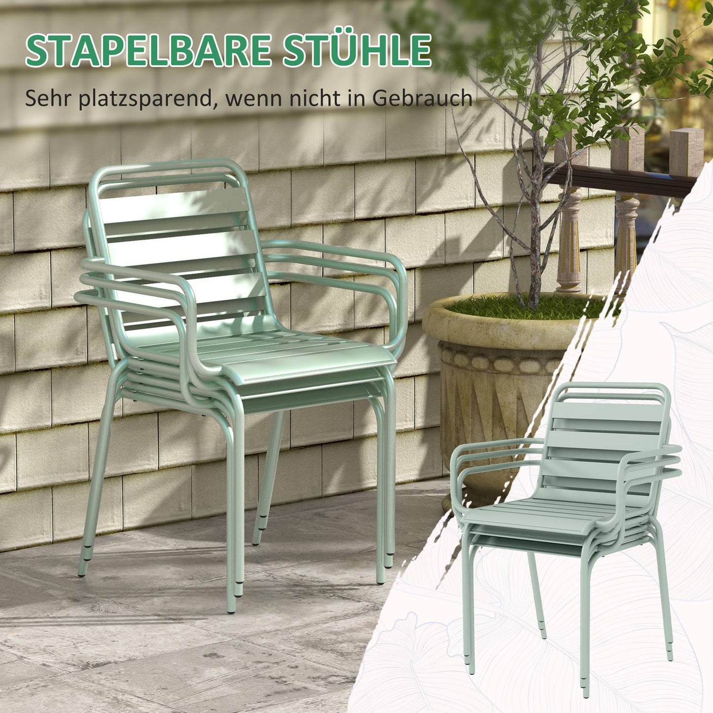 Outdoor dining set - 5-piece steel table and chairs, green