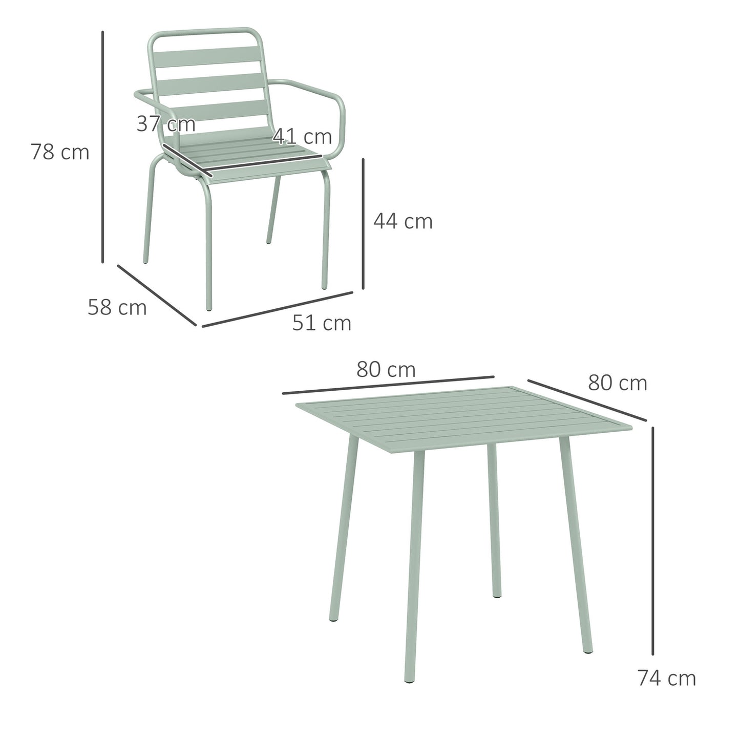 Outdoor dining set - 5-piece steel table and chairs, green