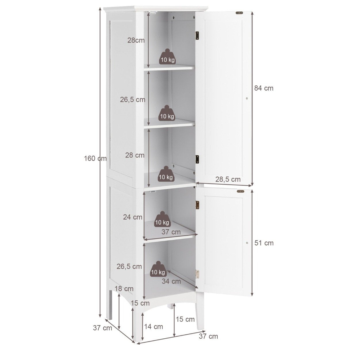 5 Tier Bathroom Cabinet Narrow Freestanding Tall Cabinet White