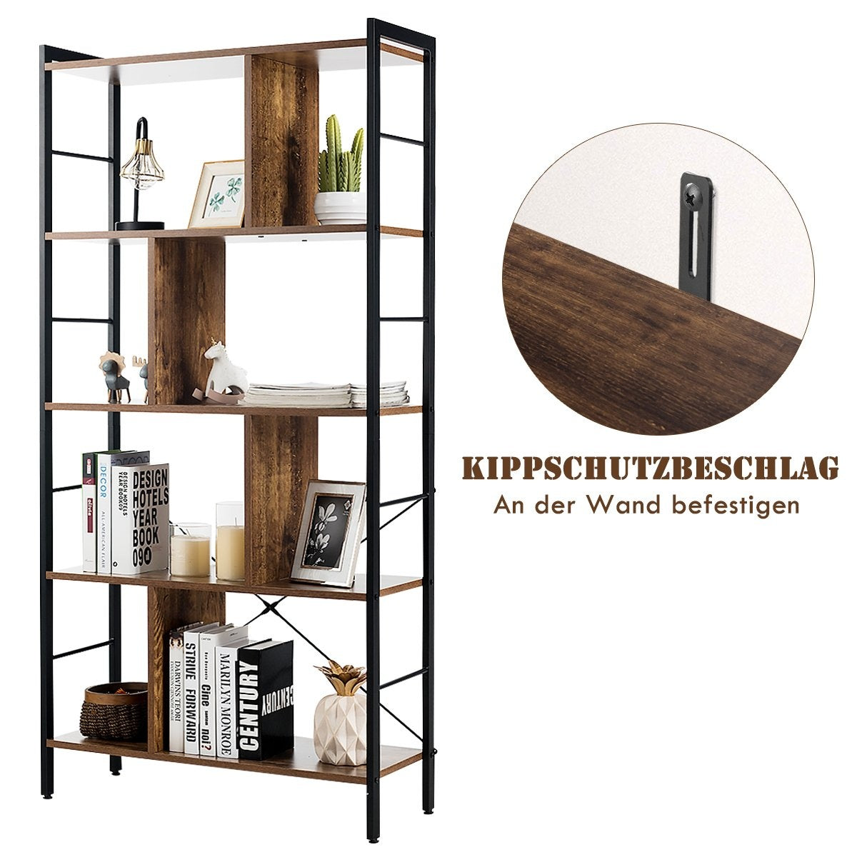 5-Tier Bookcase Bookshelf with Metal Frame Standing Shelf Wood 74 x 30 x 154.5 cm Brown