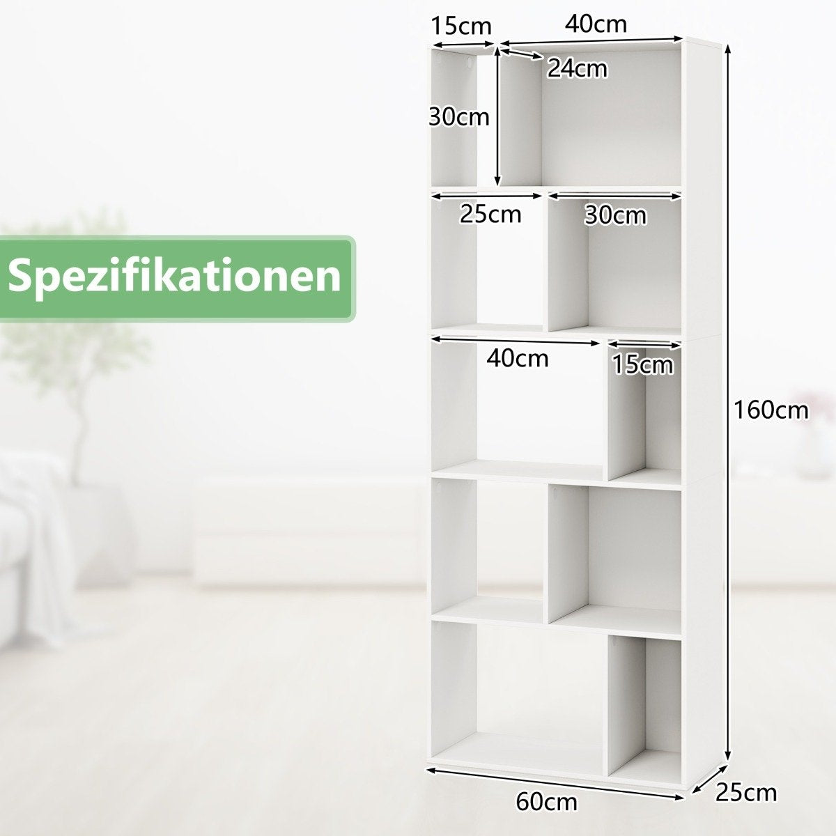 5 Tier Bookcase with 10 Compartments Freestanding Room Divider Wooden Shelf Open Shelf