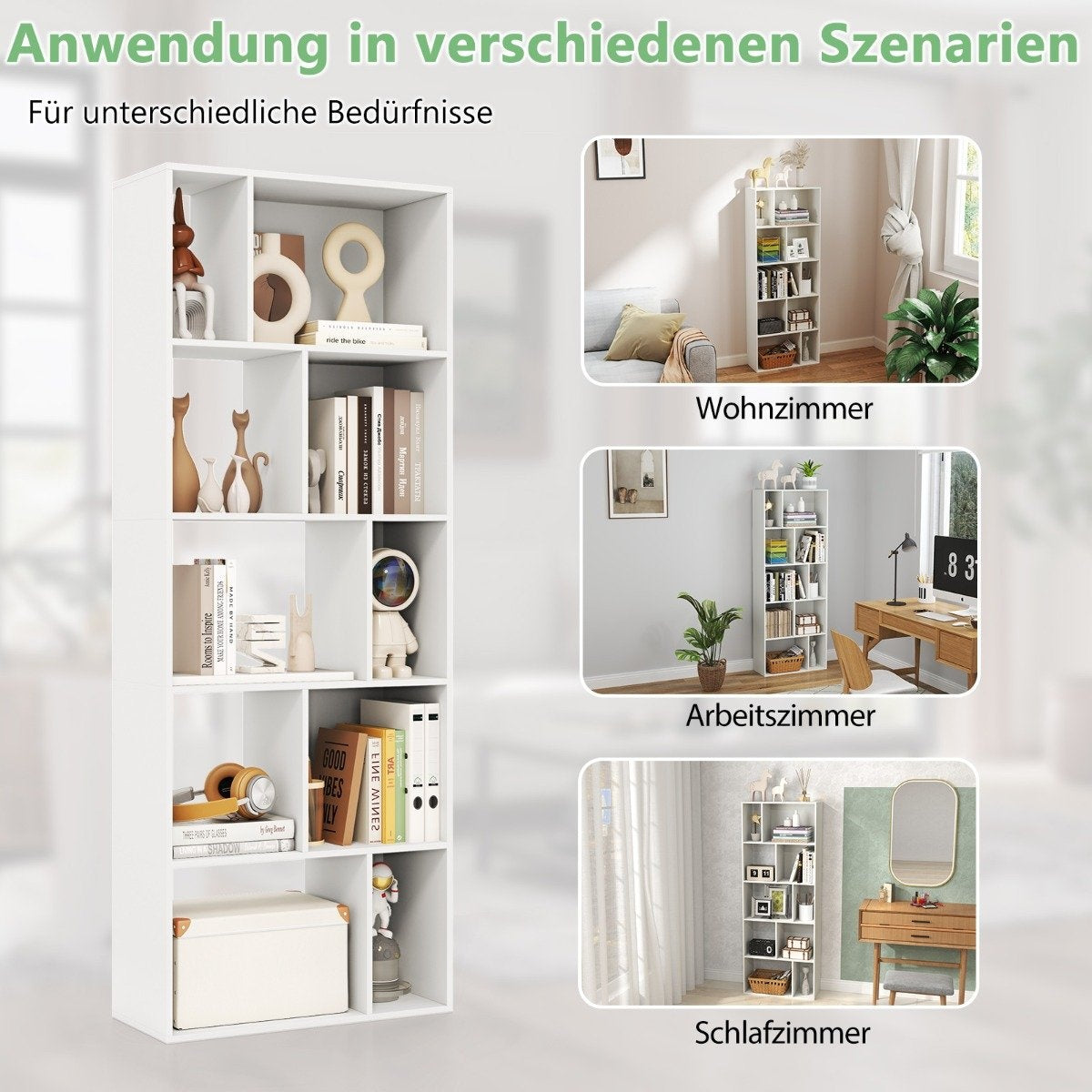 5 Tier Bookcase with 10 Compartments Freestanding Room Divider Wooden Shelf Open Shelf