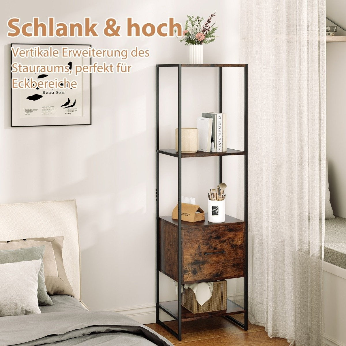 5 Tier Bookcase with Drawer &amp; Metal frame bookcase modern standing shelf brown