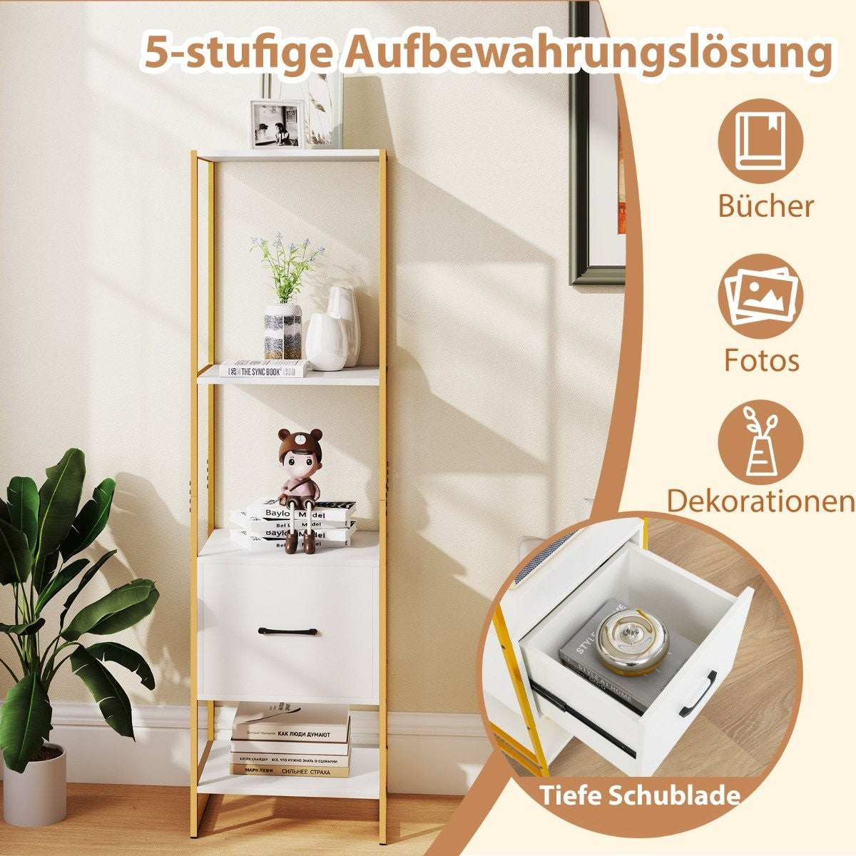 5 Tier Bookcase with Drawer &amp; Metal frame bookcase modern standing shelf white