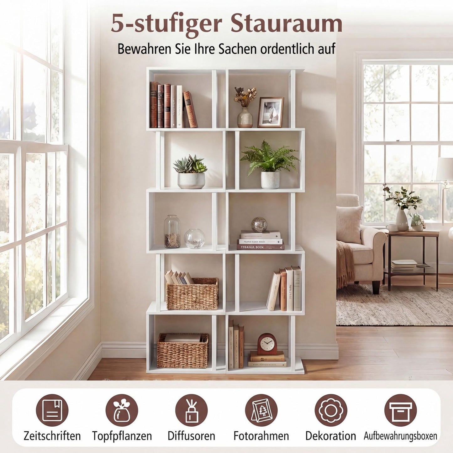 5-Tier Bookshelf with Metal Frame and Anti-Tip, White