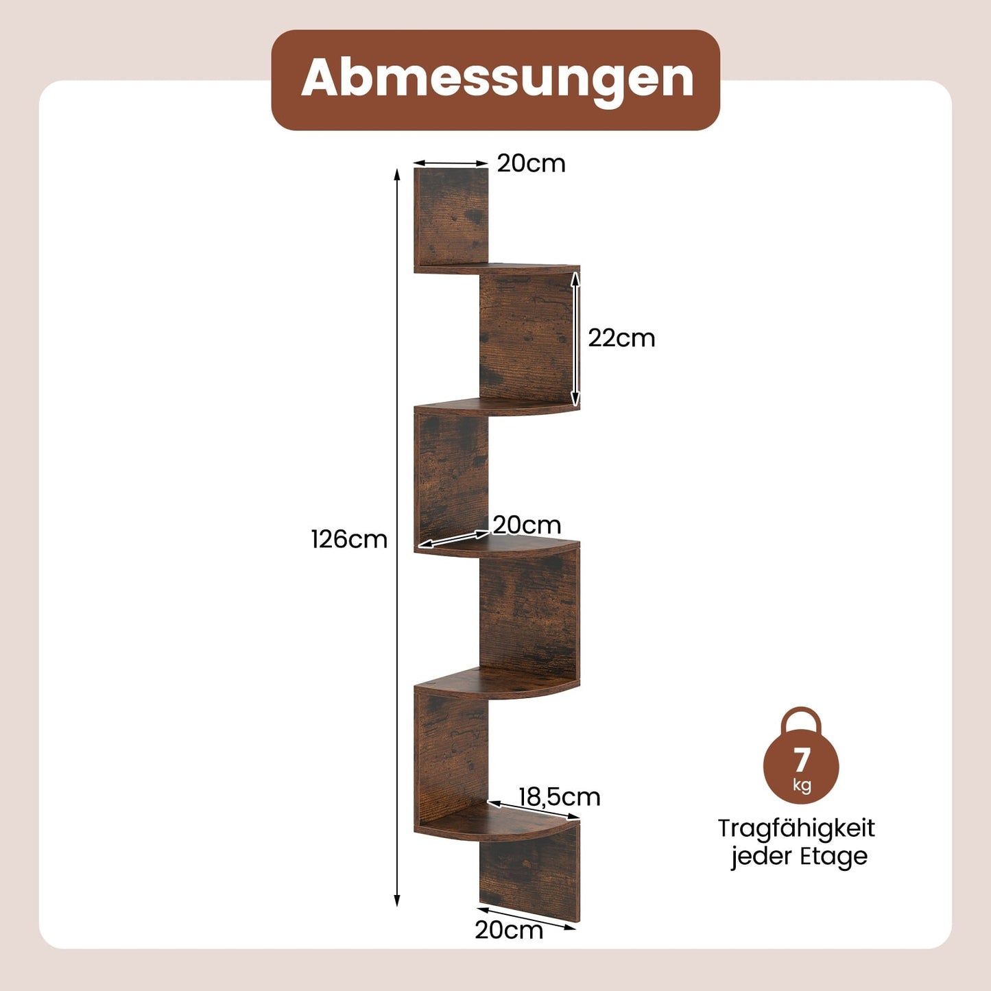5-Tier Corner Wall Shelf, Floating Design, Rustic Brown