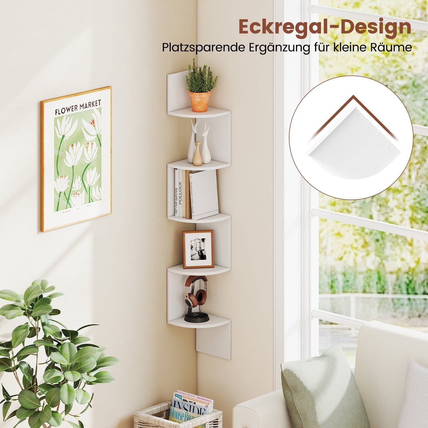 5-Tier Corner Wall Shelf, Floating White Bookshelf