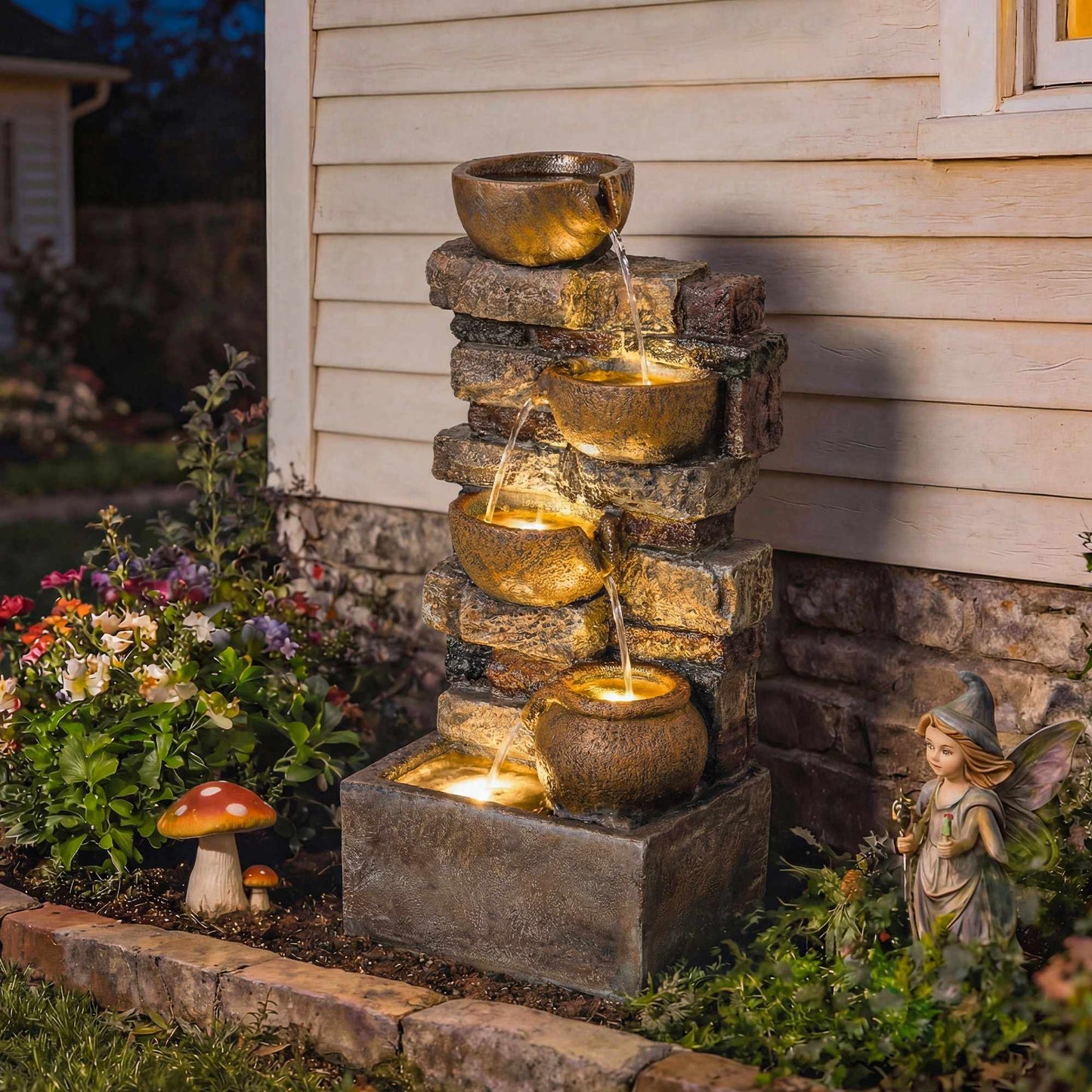 5-Tier Garden Fountain with LED Lights, Adjustable Pump