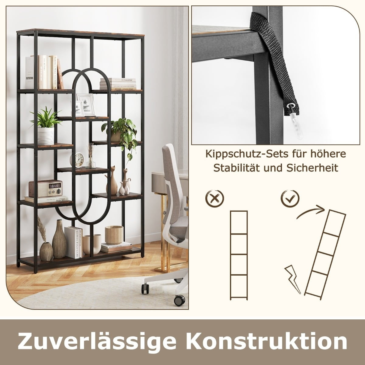 5-Tier Geometric Bookshelf, Brown & Black, Metal Frame
